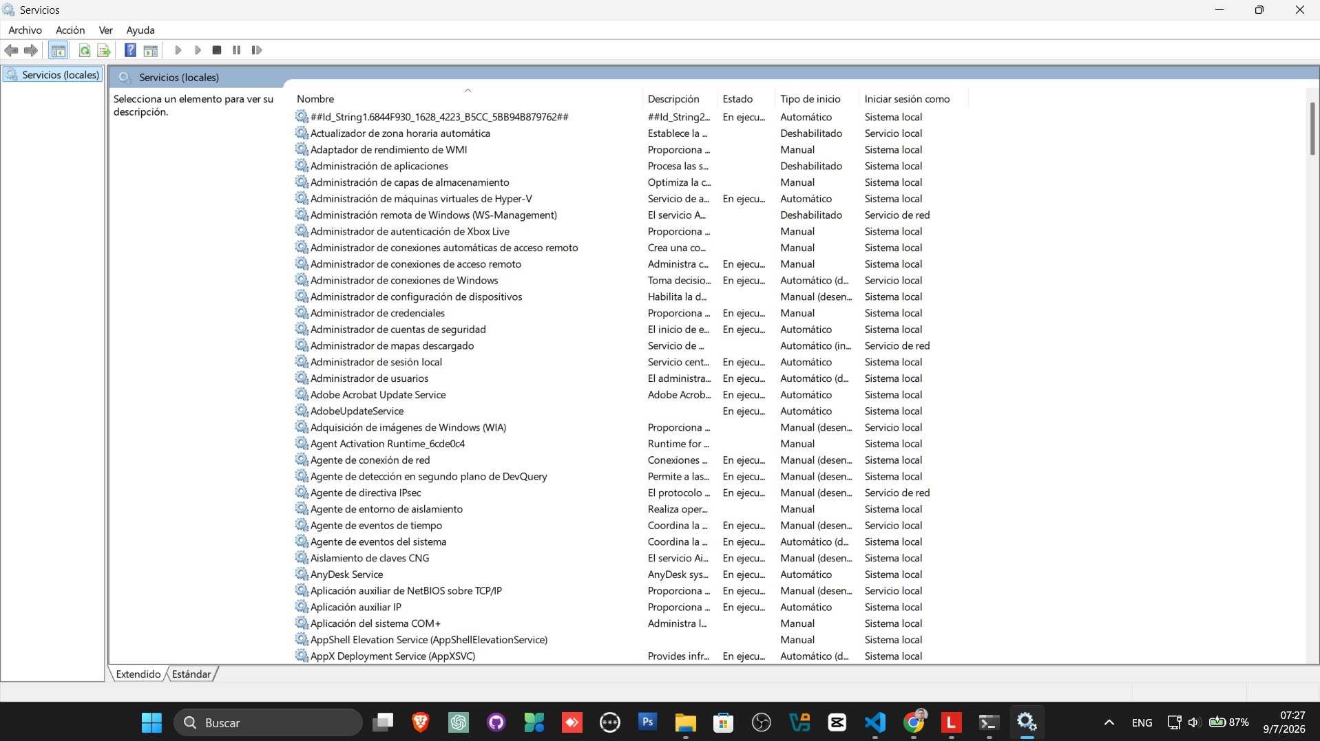 consola de Servicios de Windows abierta.